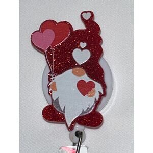 Valentine’s Gnome Red Pink Hearts Retractable ID Badge Snap Holder Clip